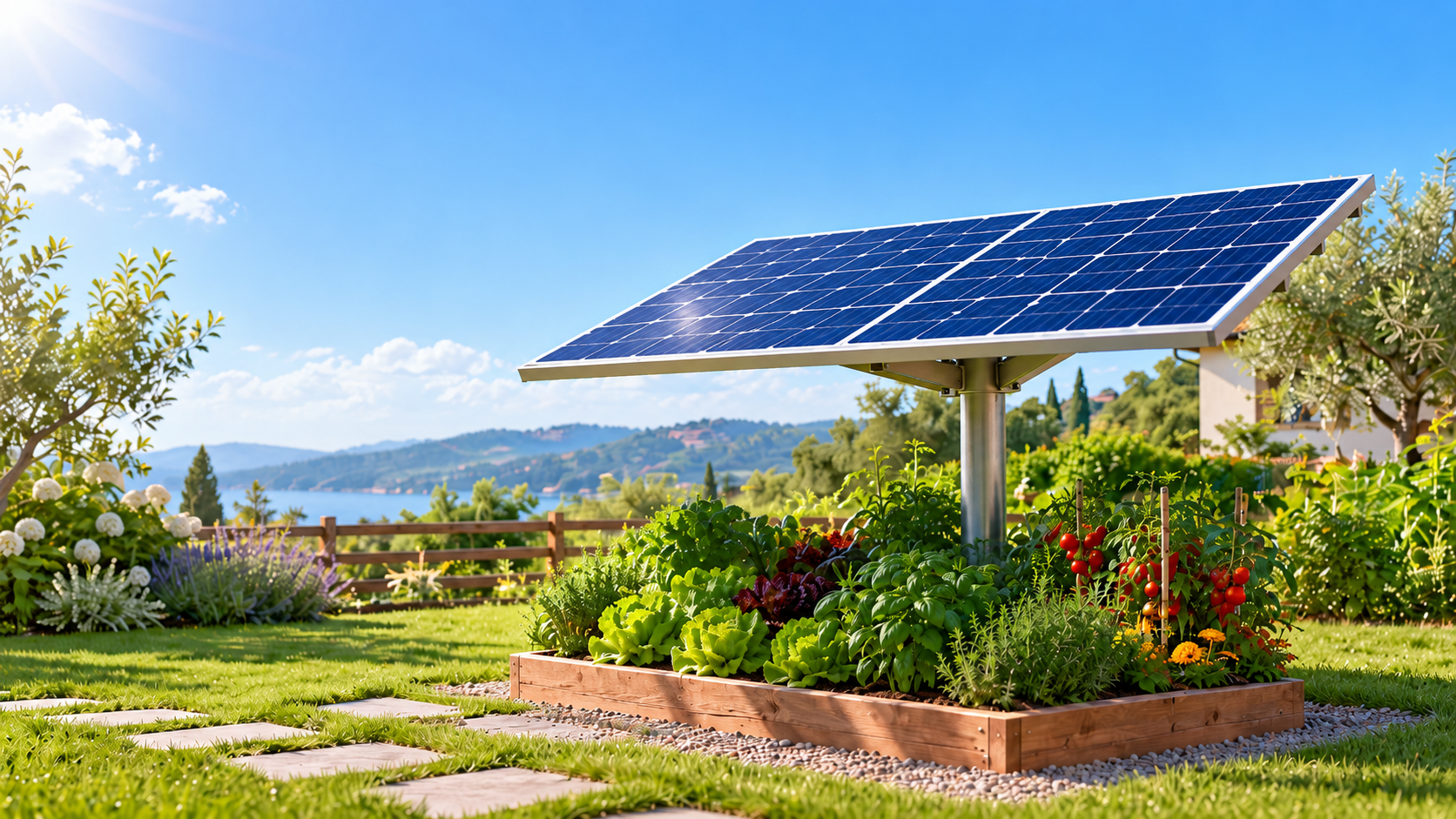 Concept di un pannello recuperato su supporto orientabile, sopra una piccola aiuola in un giardino domestico